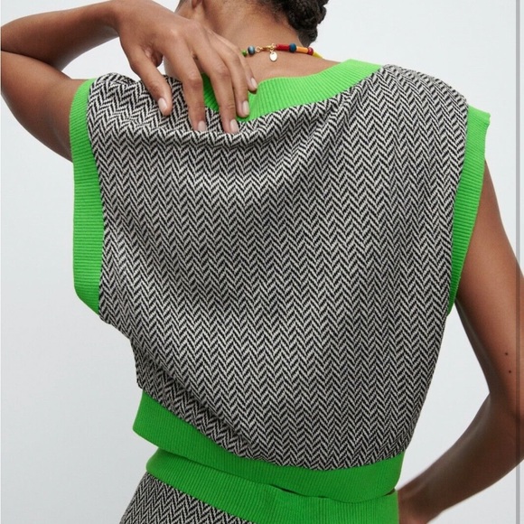 ZARA Cropped Sweater Vest s kelly green gingham tweed sweater sleeve less - Picture 10 of 10